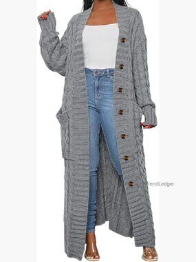 Oversized Cable Knit Cardigan with Pockets, Floor Length Maxi Sweater